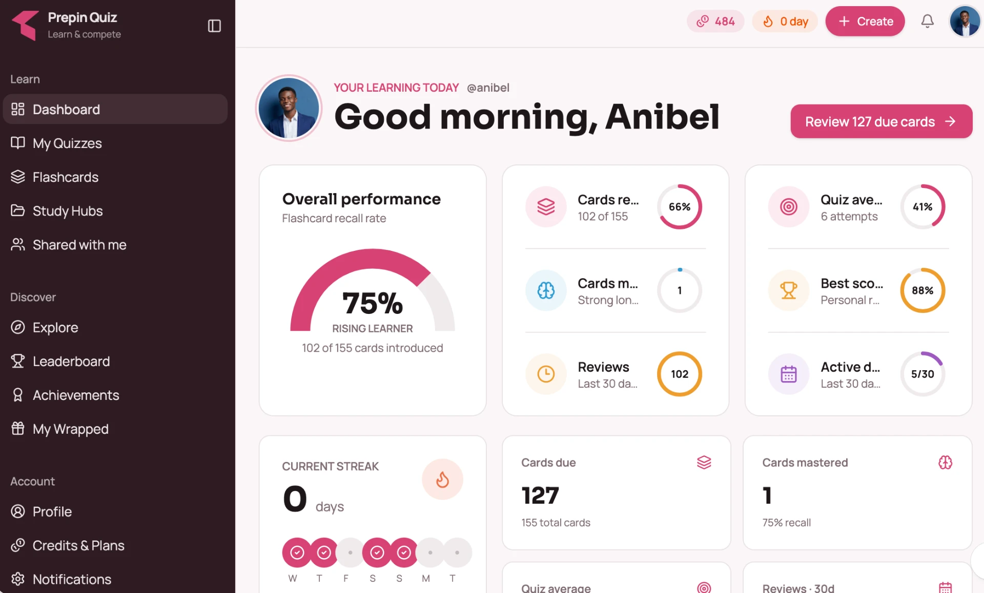 Prepin dashboard with your performance meter, streak and study stats