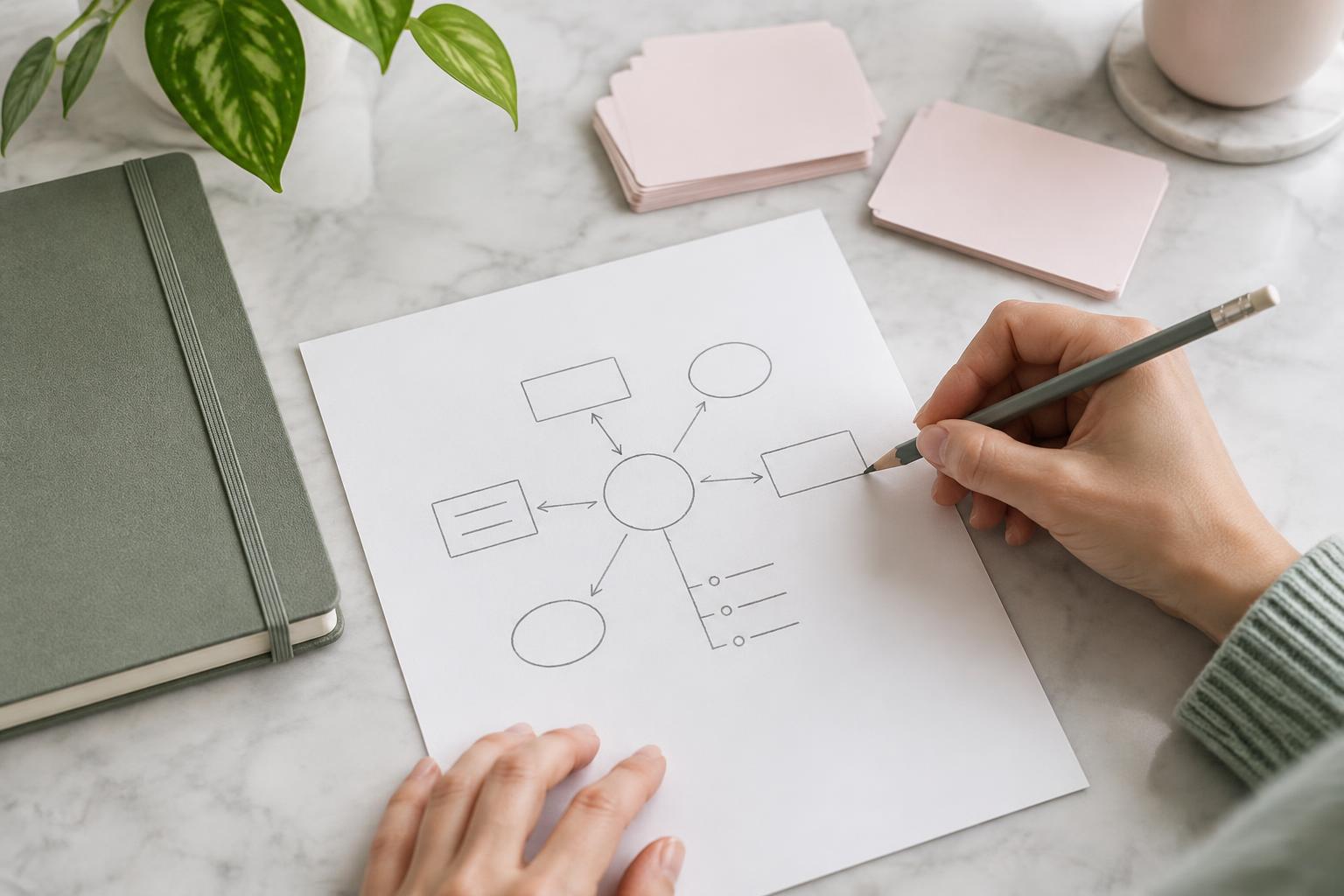 A learner drawing a concept map from memory beside a closed notebook and revision cards