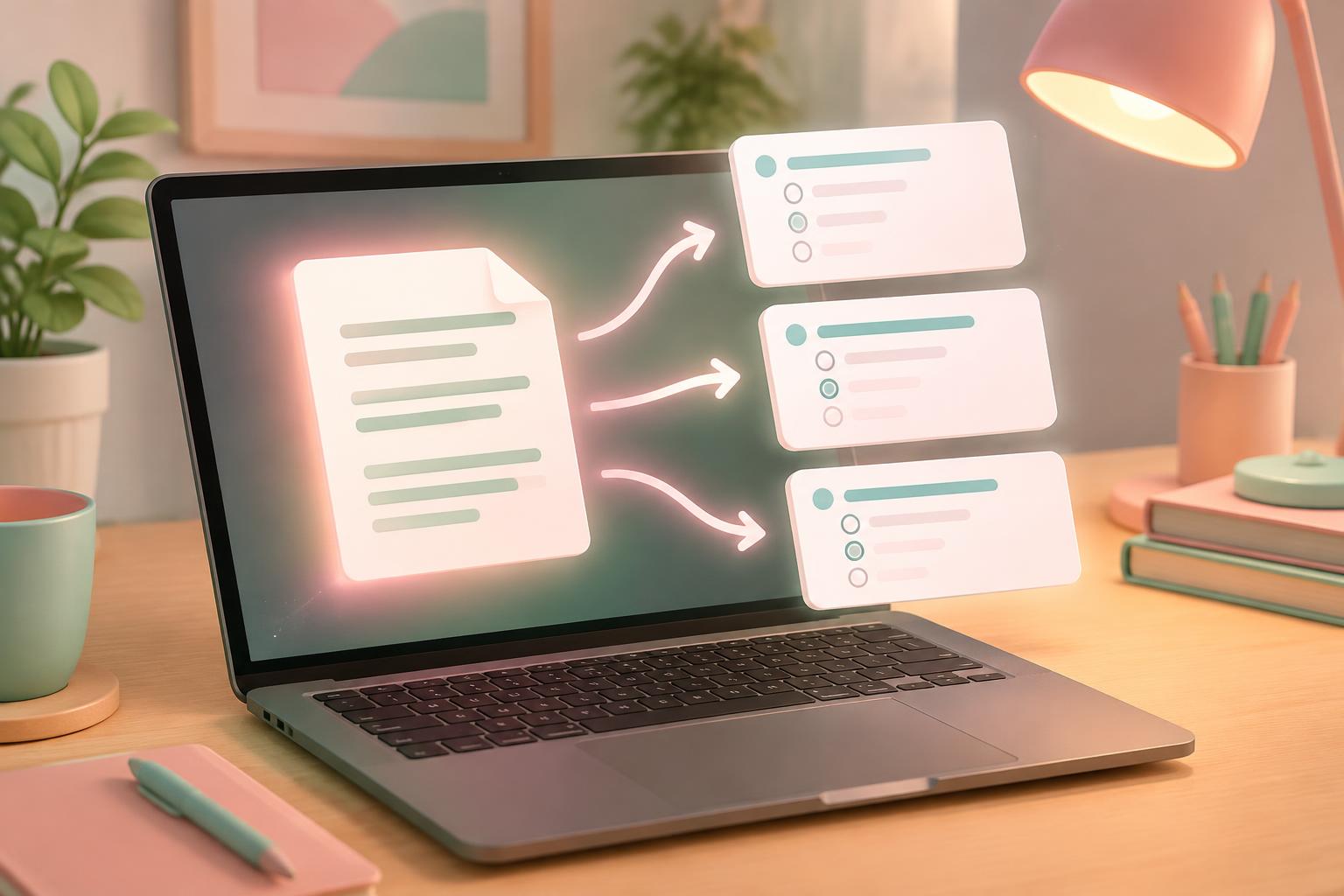 A document on a laptop turning into three multiple-choice quiz cards