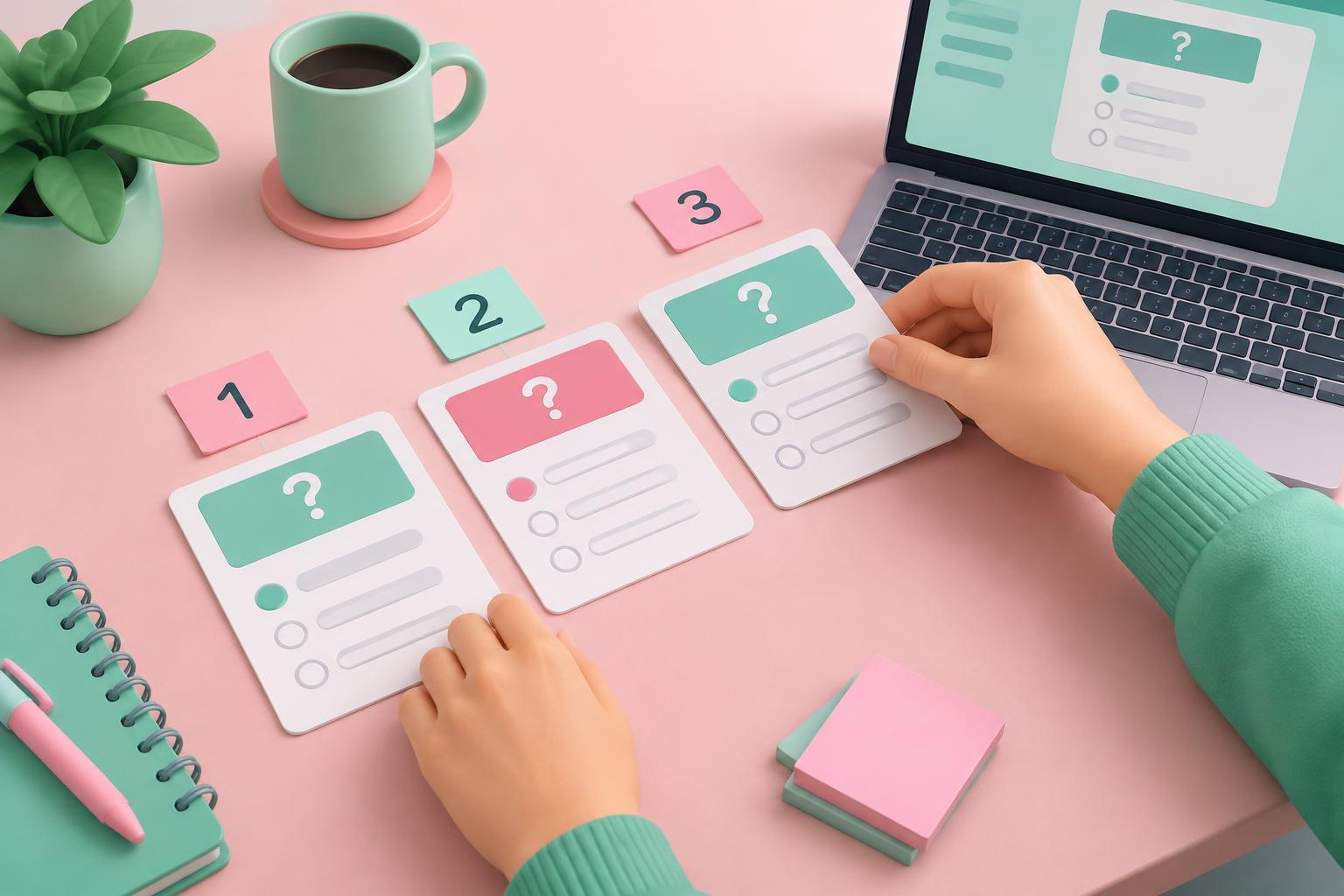 Hands arranging three numbered quiz cards beside a laptop
