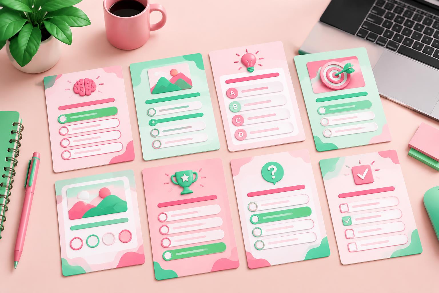 A grid of colourful quiz template cards on a desk beside a laptop