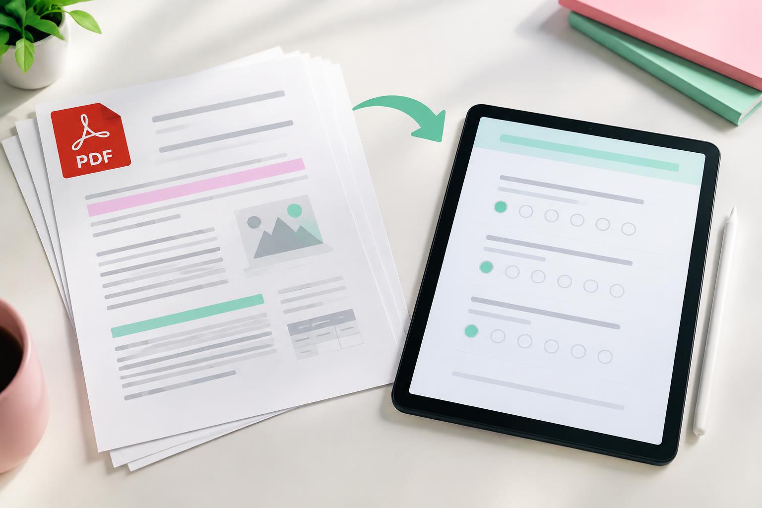 A stack of PDF lecture pages beside a tablet showing a quiz
