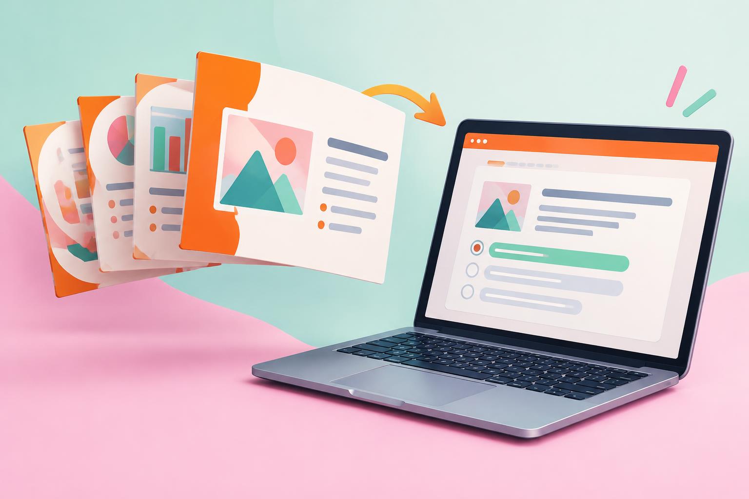 Presentation slides fanning out into a quiz on a laptop screen