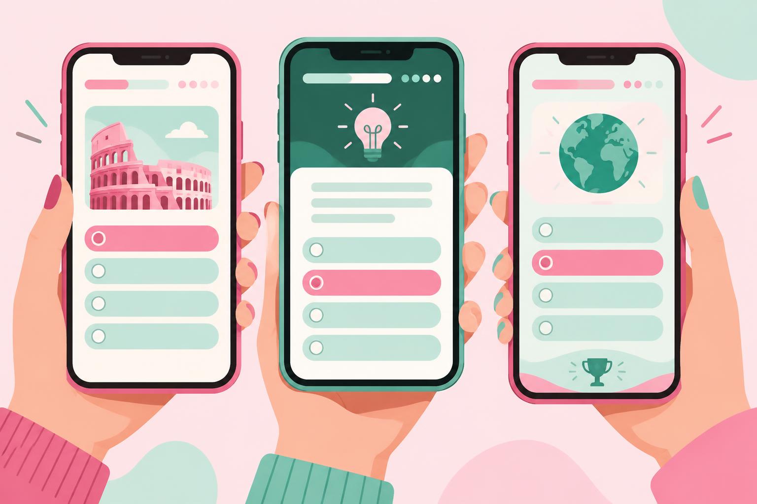 Three hands holding phones showing different quiz app screens