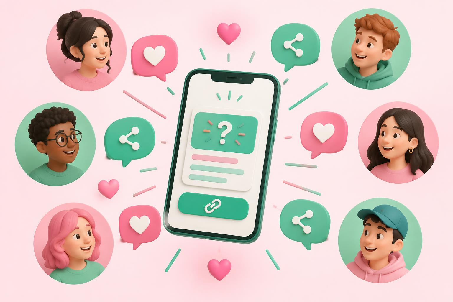 A phone showing a quiz link surrounded by friends and share icons