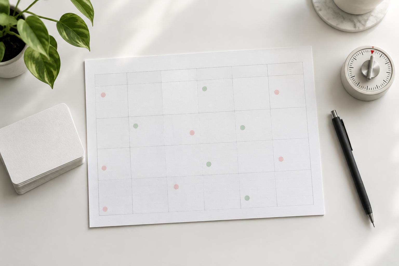 A paper study calendar marked with pink and green review days beside flashcards and a timer