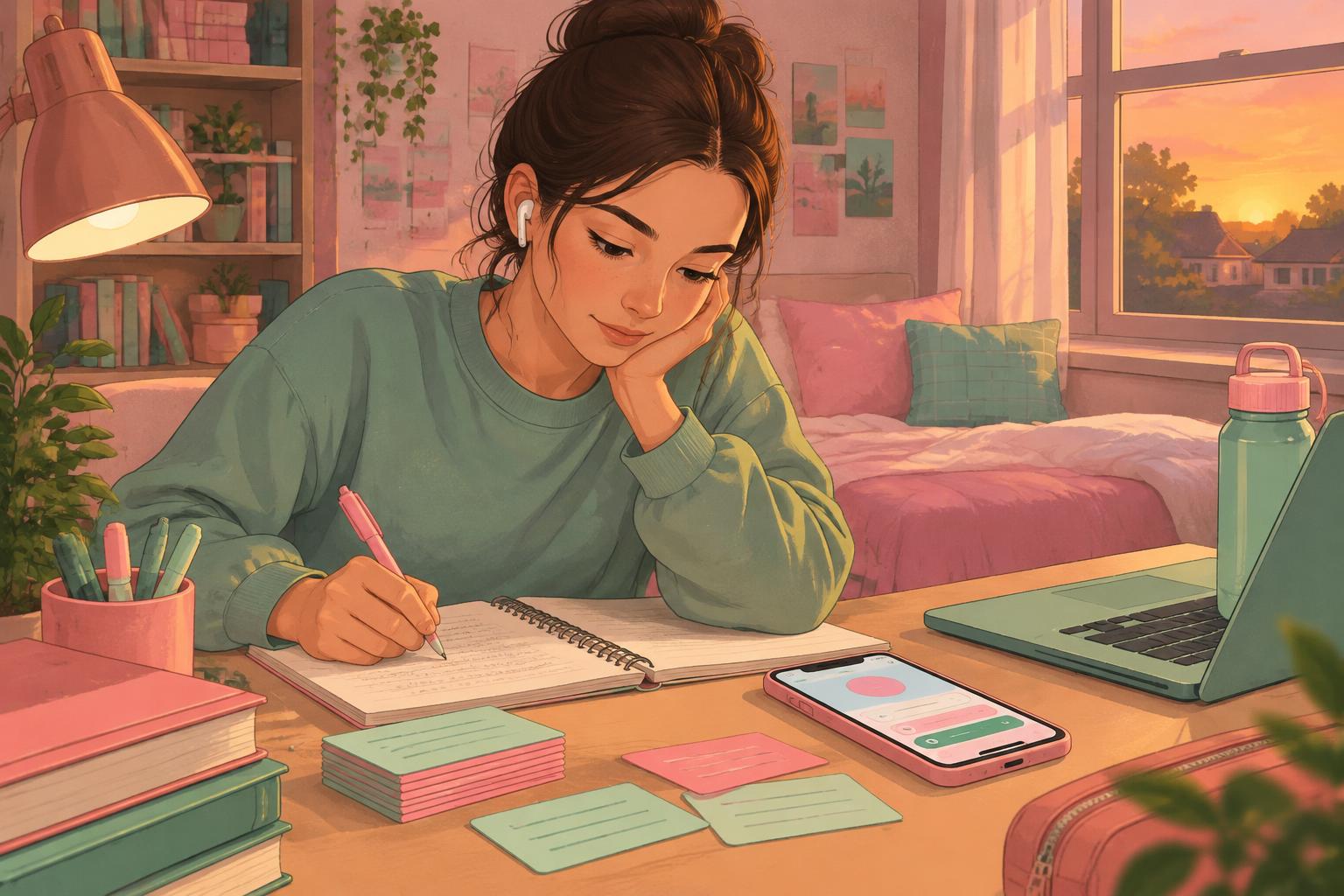 A student revising at a desk with flashcards and a quiz on her phone