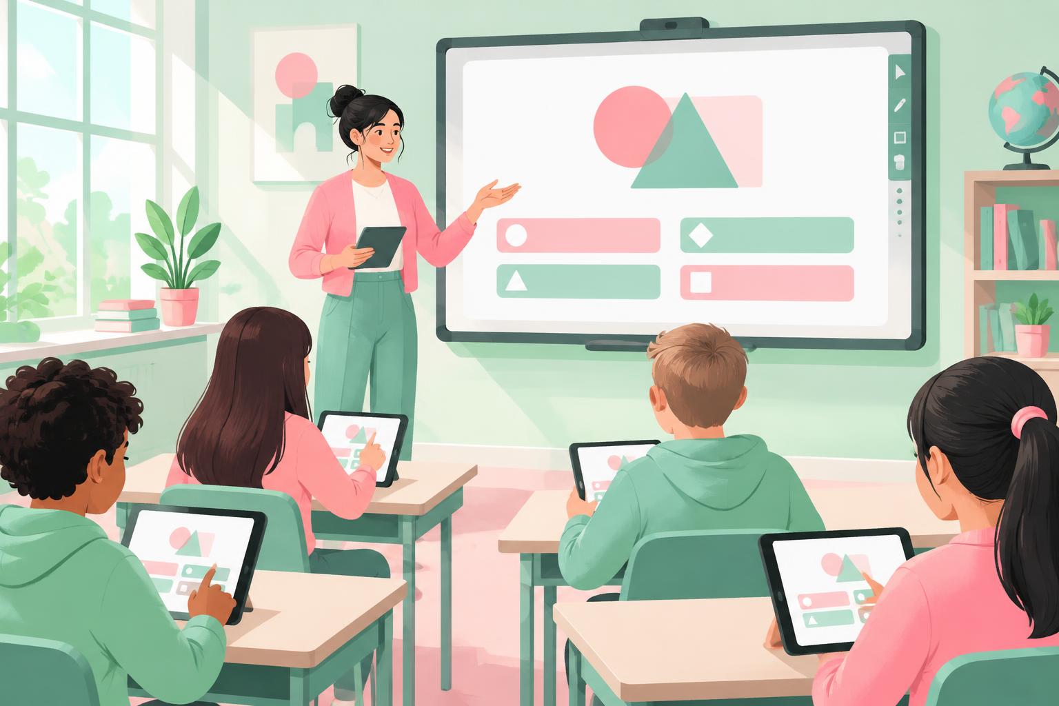 A teacher leading a quiz on a whiteboard while students answer on tablets