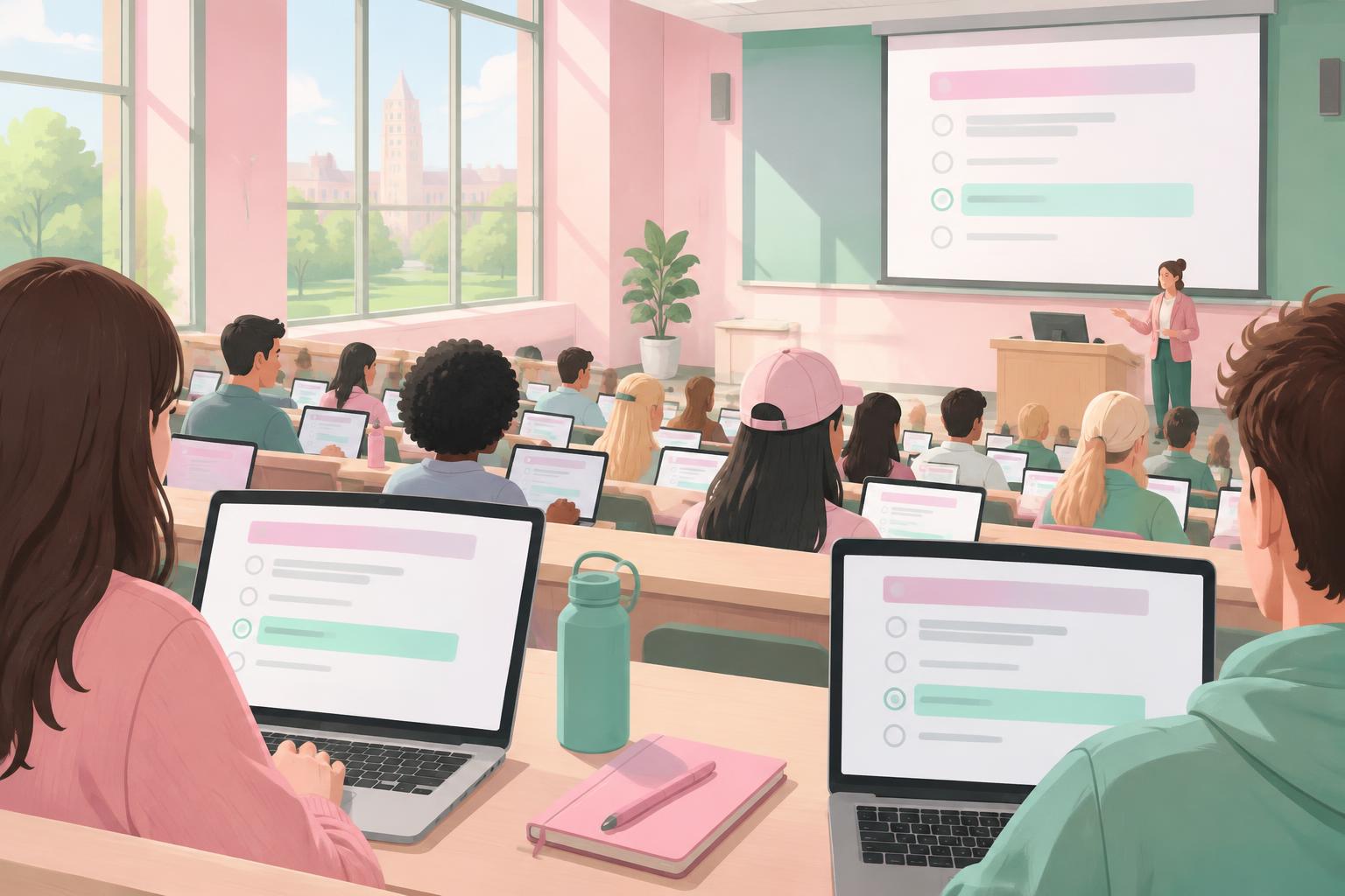 University students in a lecture hall answering quiz questions on laptops